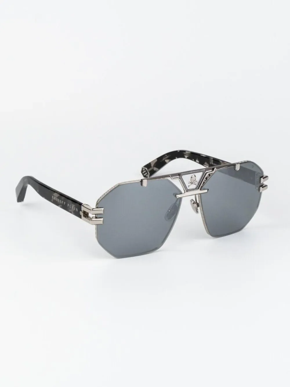 Philipp Plein Men Sunglasses Palladium Smoke Silver Mirror Pilot SPP077V 523X